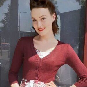 XL 1XL New, Unworn Mak Retro Cropped 3/4 Sleeve Cardigan in Burgundy Modcloth